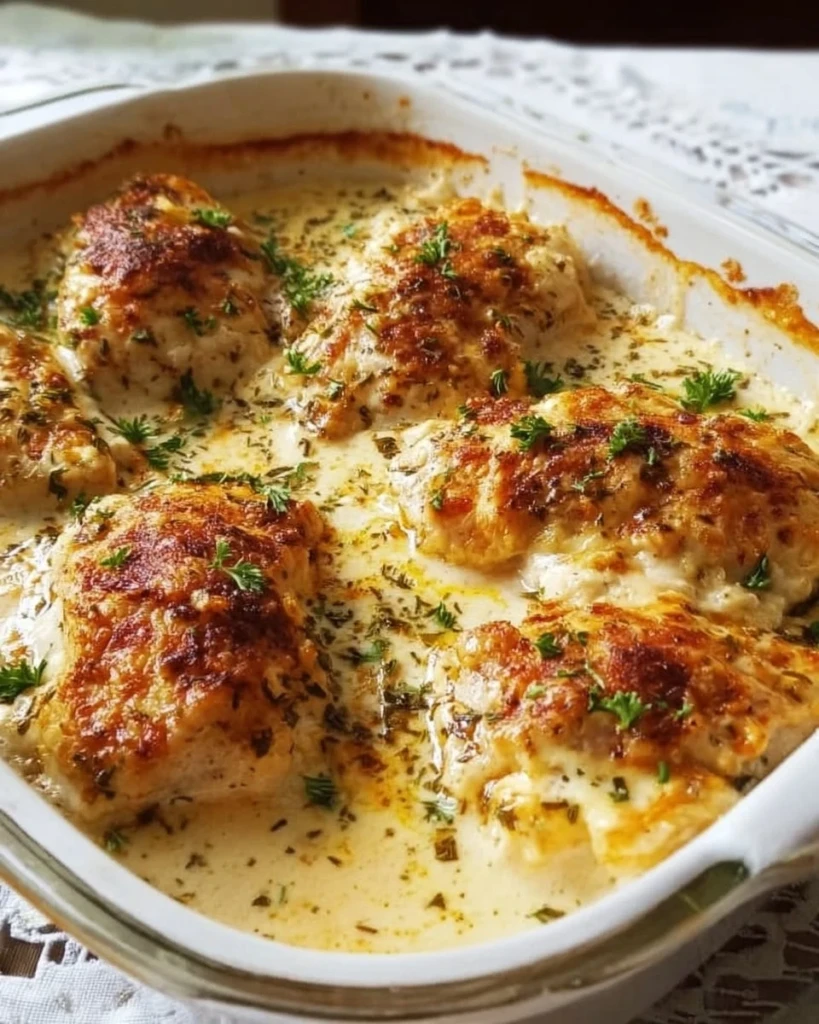 Baked cream cheese chicken served with herbs and spices in a casserole dish
