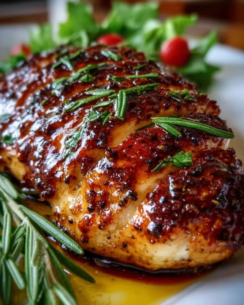 Balsamic baked chicken breast served with vegetables on a plate