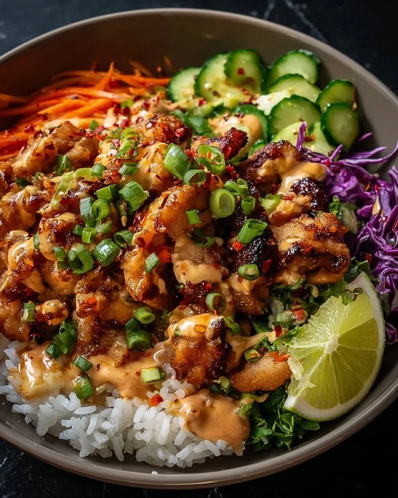 Bang Bang Chicken Bowl served with colorful vegetables and sauce
