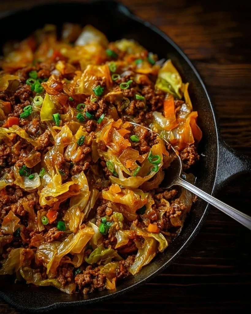 Delicious Beef Cabbage Skillet with vegetables in a frying pan