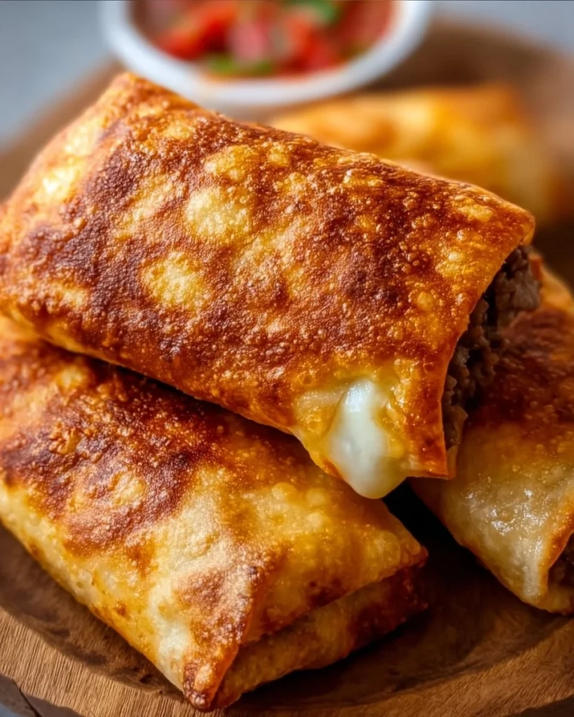 Crispy Beef and Cheese Chimichangas served with toppings