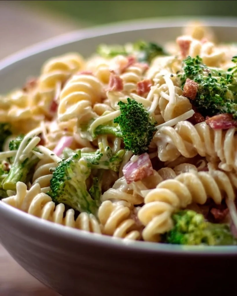 Delicious broccoli pasta salad with vibrant vegetables and dressing