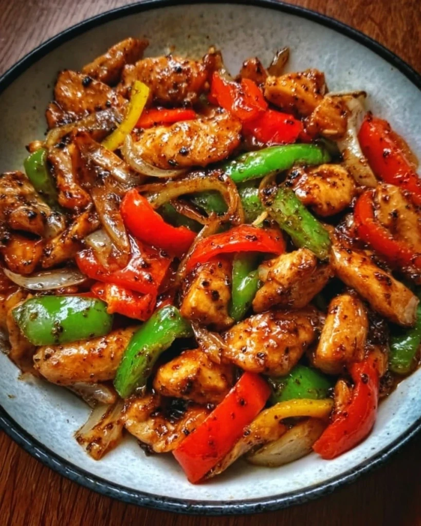Delicious Black Pepper Chicken Stir-Fry with vibrant vegetables in a skillet.