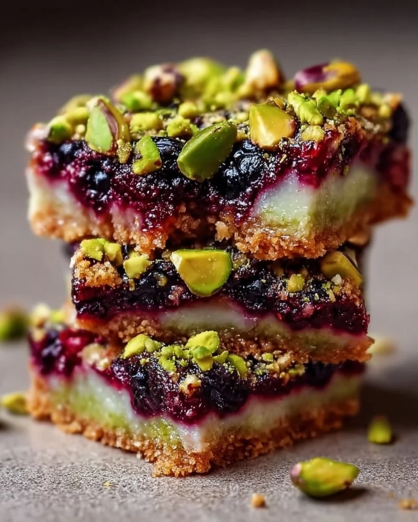 Delicious Blackberry Pistachio Dream Bars on a plate, ready to enjoy