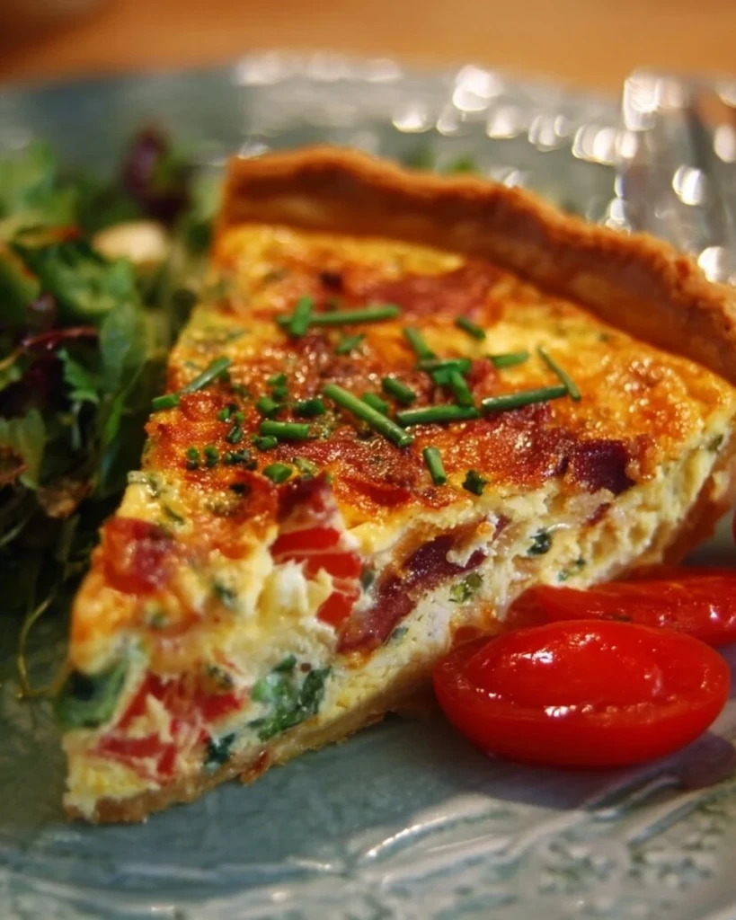Delicious BLT Quiche featuring layers of bacon, lettuce, and tomato in a pastry crust