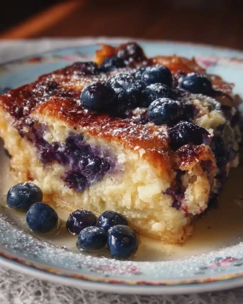 Blueberry buttermilk pancake casserole baked in a dish, topped with fresh blueberries