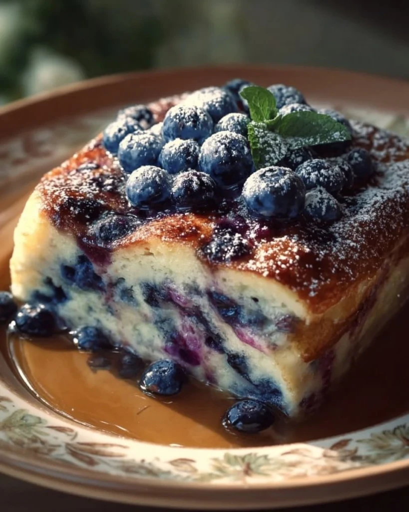 Blueberry buttermilk pancake casserole served with syrup and berries