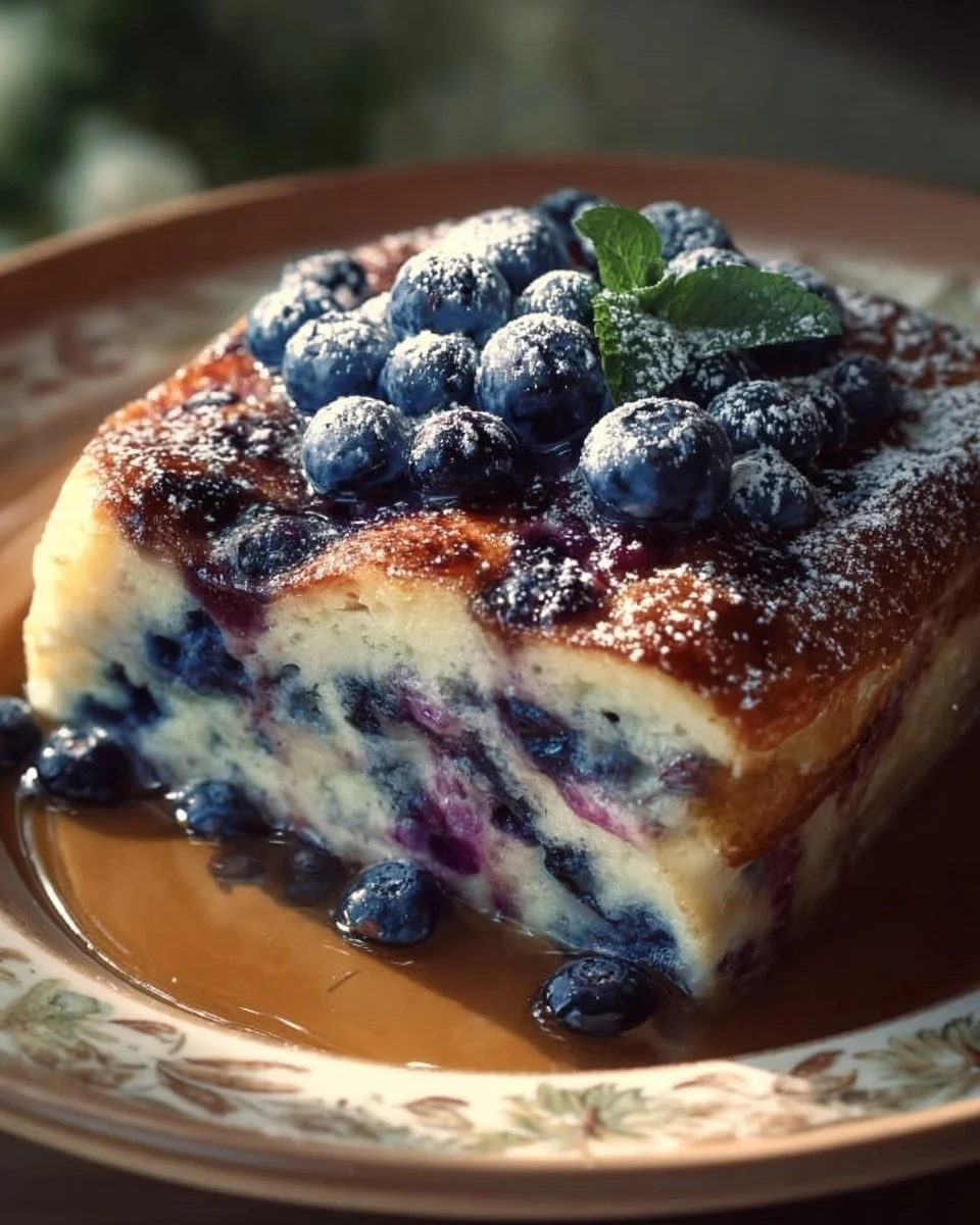 Blueberry buttermilk pancake casserole served with syrup and berries