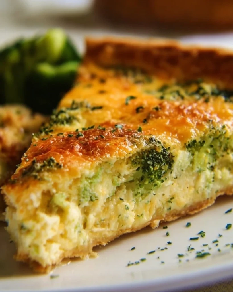 A delicious slice of Broccoli Cheddar Quiche on a plate.