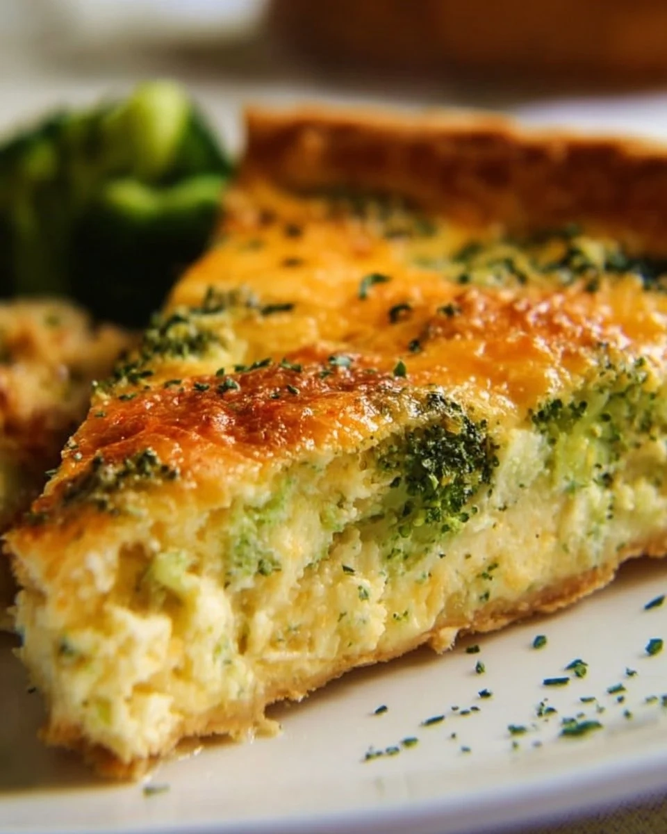 A delicious slice of Broccoli Cheddar Quiche on a plate.