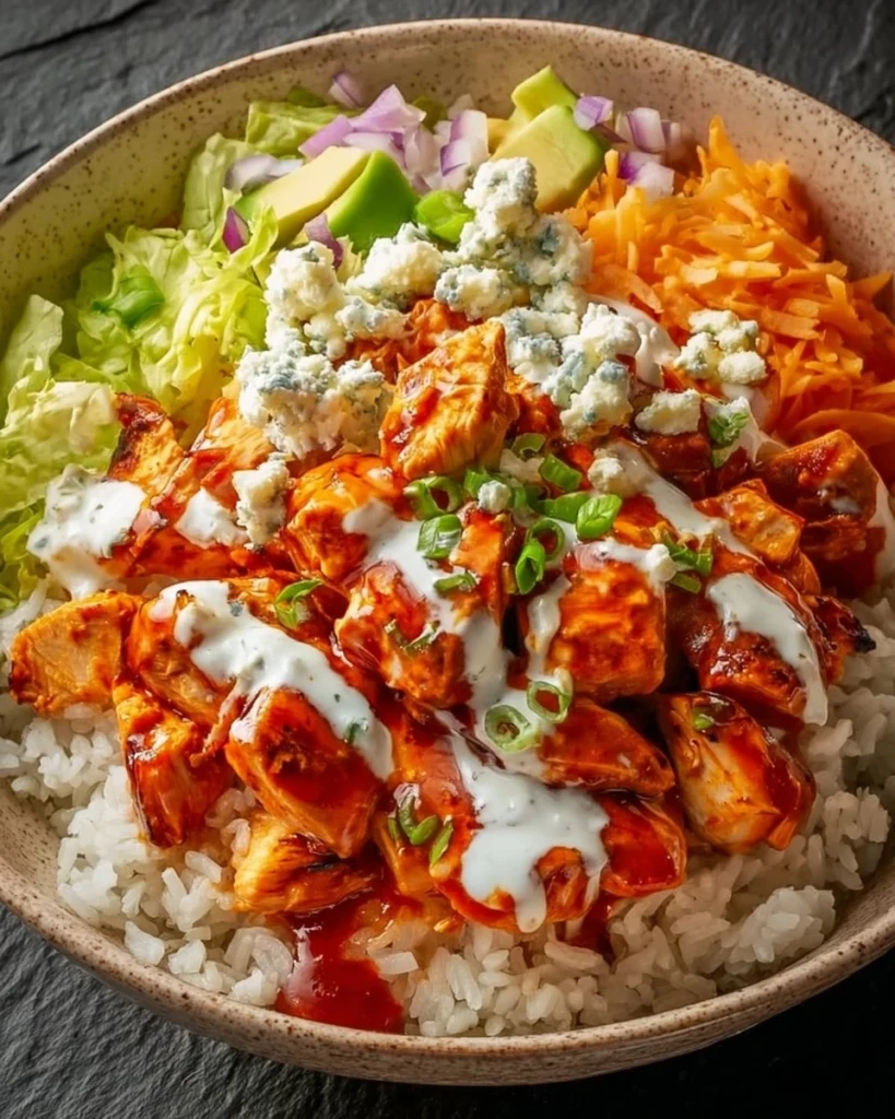 Delicious Buffalo Chicken Bowl topped with fresh ingredients