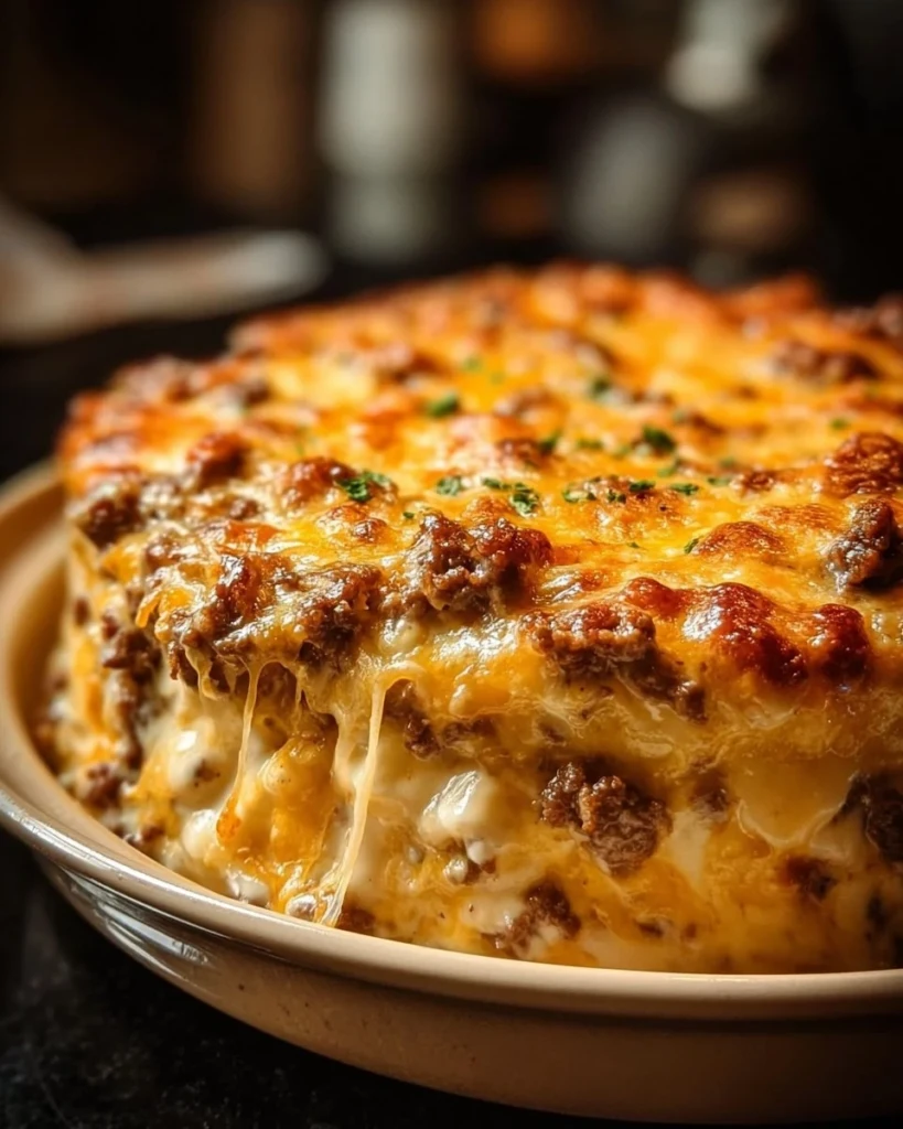 Delicious Cattle Drive Casserole topped with cheese and served in a rustic dish.