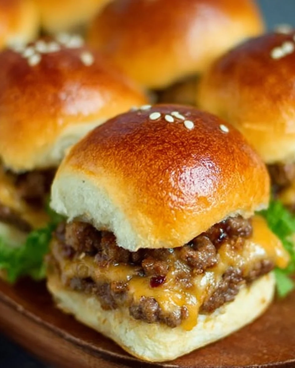 Delicious cheeseburger sliders ready to serve on a platter.