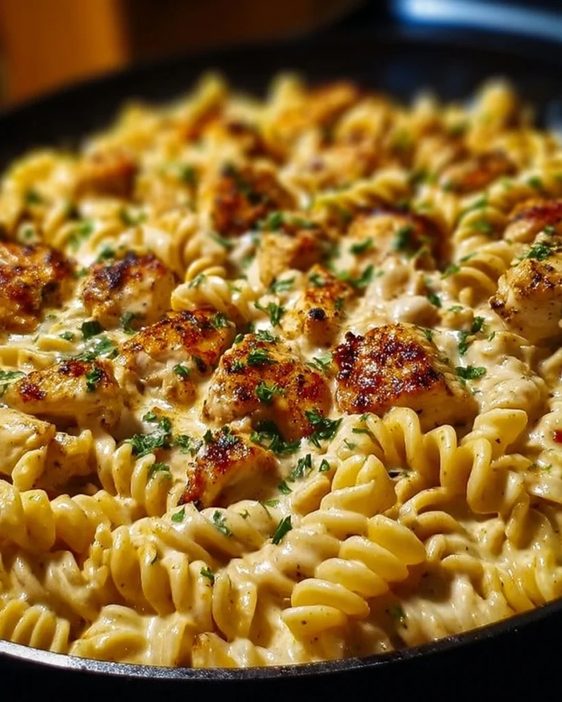 Cheesy Cajun Garlic Chicken Rotini Skillet served in a cozy setting