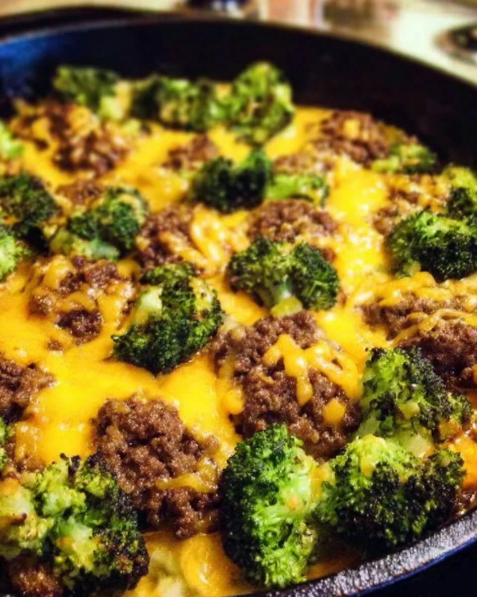 Cheesy hamburger broccoli skillet with melted cheese and fresh broccoli