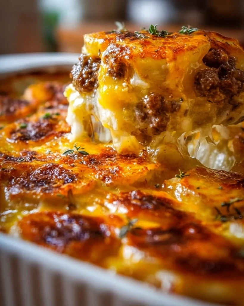 Cheesy Hamburger Potato Casserole served in a baking dish with melted cheese on top