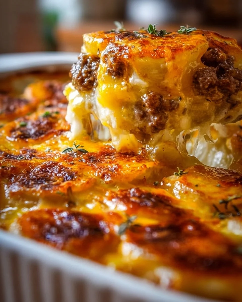Cheesy Hamburger Potato Casserole served in a baking dish with melted cheese on top