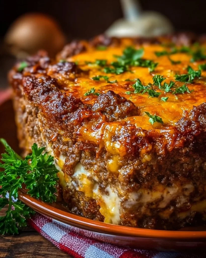 Delicious Cheesy Meatloaf Casserole baked in a dish with cheese on top