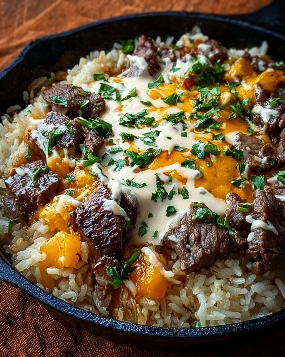 Cheesy steak and rice skillet in a frying pan, garnished and ready to serve.
