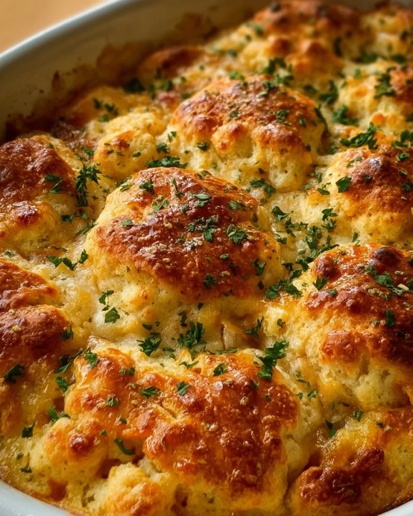 Delicious Chicken Bubble Biscuit Bake casserole topped with golden biscuits