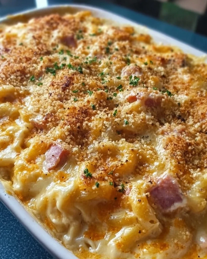 Delicious Chicken Cordon Bleu Casserole with melted cheese and crispy ham