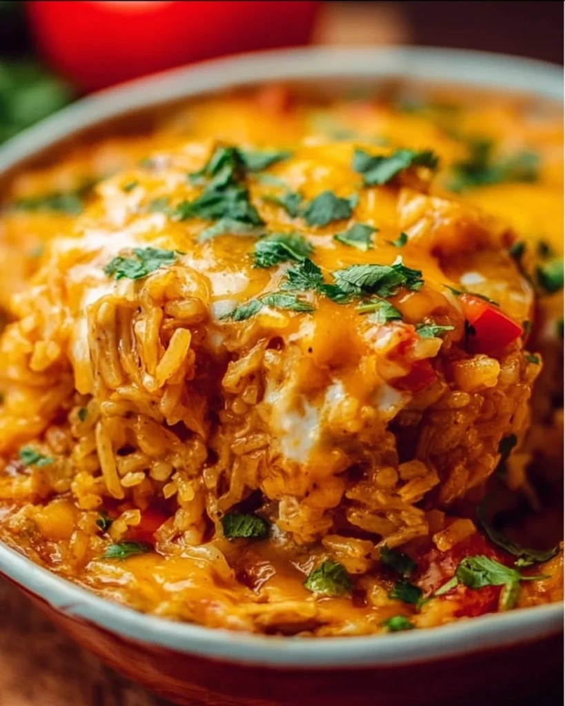 Chicken Enchilada Rice Casserole topped with cheese and colorful toppings