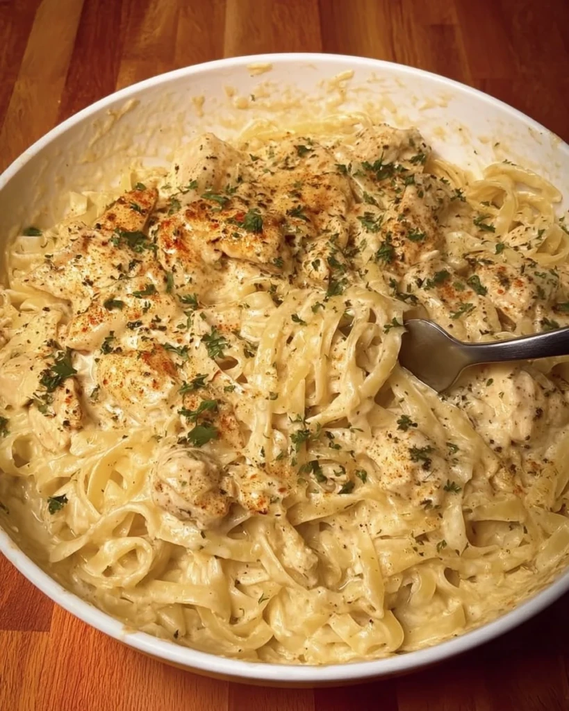 Delicious Chicken Garlic Parmesan Pasta topped with fresh herbs and Parmesan cheese