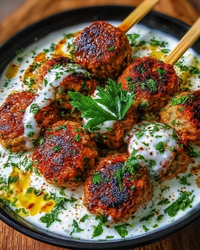 Delicious chicken kofta with garlic yogurt sauce on a plate