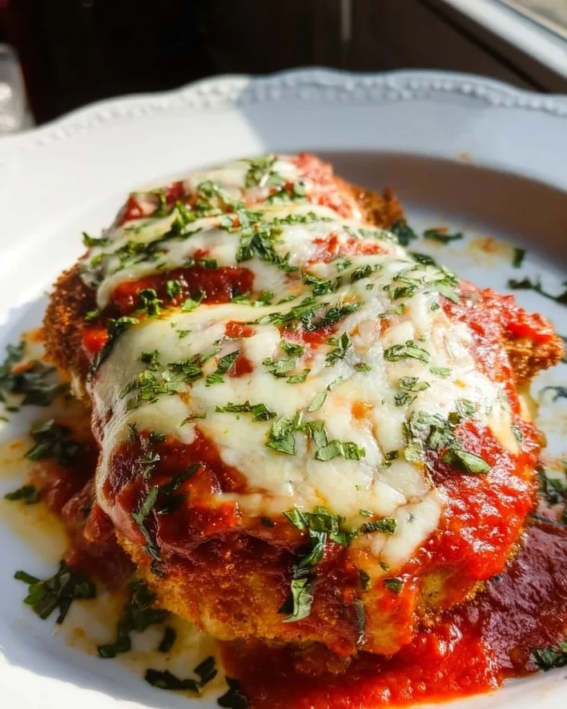 Plate of Chicken Parmesan with crispy chicken, marinara sauce, and cheese