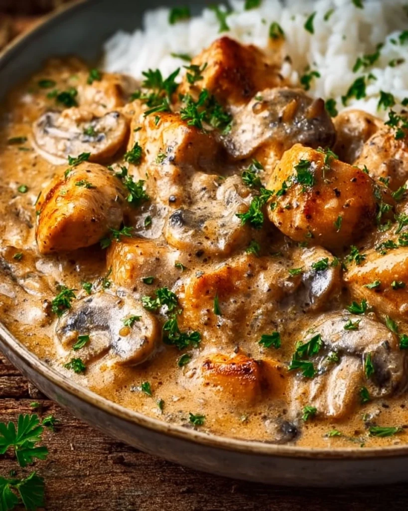 Delicious Chicken Stroganoff served with pasta and garnished with parsley