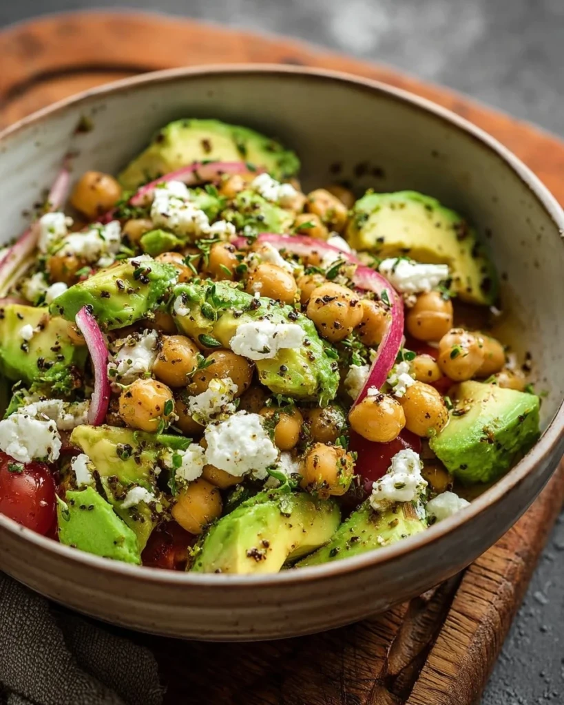 Bowl of Chickpea Feta Avocado Salad with fresh vegetables and dressing