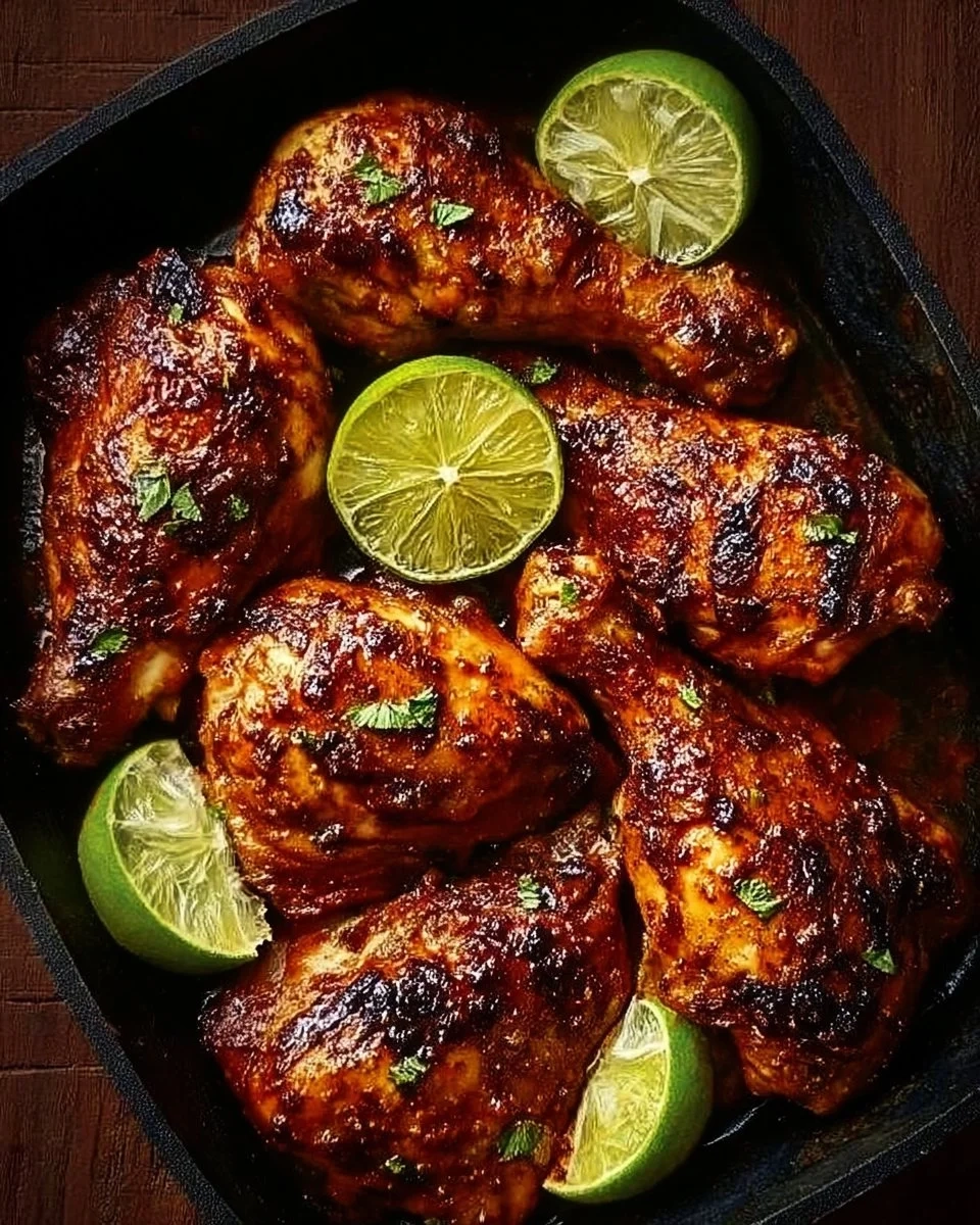 Deliciously grilled Chili Lime Chicken garnished with fresh lime and herbs.