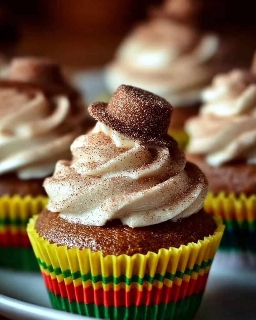 Delicious churro cupcakes topped with cinnamon frosting and sprinkled with sugar.