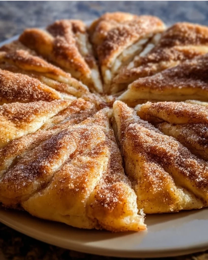 Cinnamon-sugar pizza made with crescent rolls, topped with sweet cinnamon and sugar
