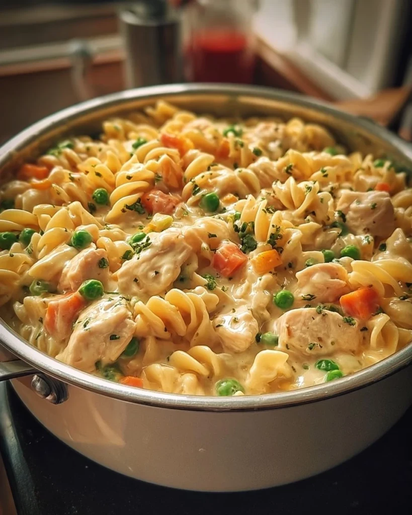 Classic Chicken Pot Pie Pasta served in a bowl with fresh herbs