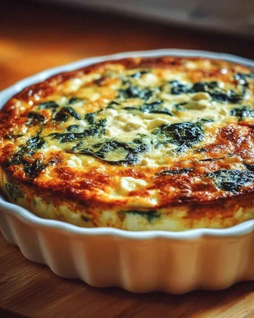 Cottage cheese and spinach crustless quiche served on a plate