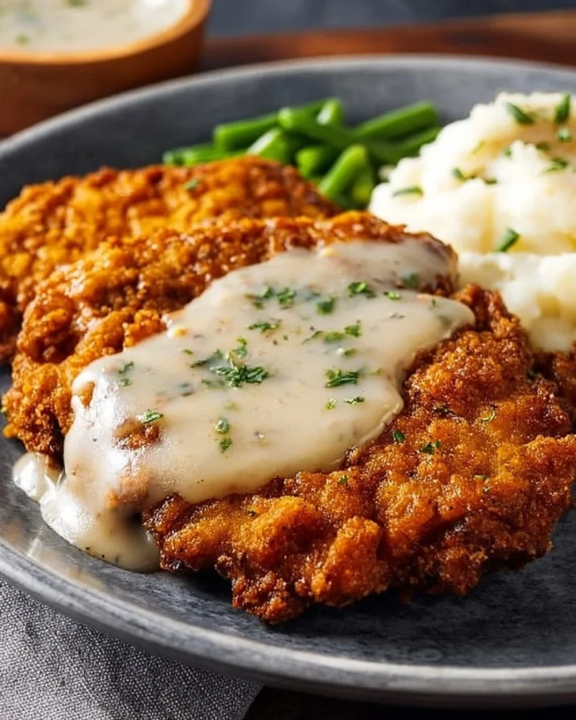 Delicious country fried steak served with gravy and sides.