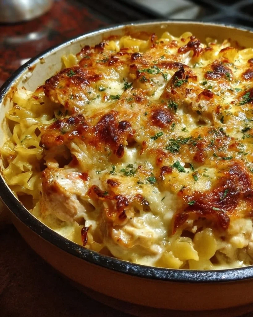 Delicious chicken pasta casserole topped with cheese and herbs