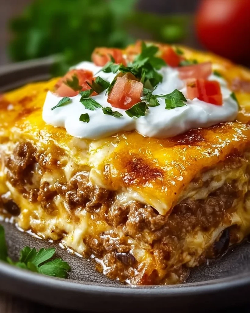 Creamy burrito casserole topped with cheese and fresh vegetables