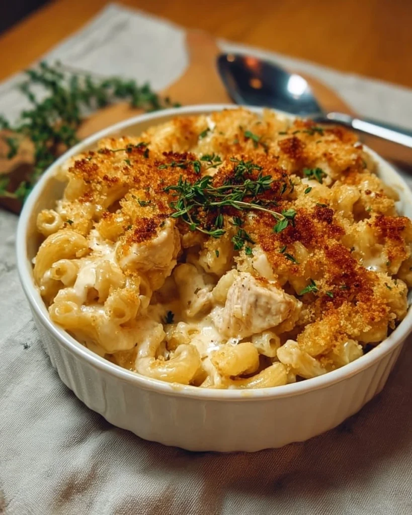 Creamy Chicken Mac and Cheese dish with cheeses and tender chicken