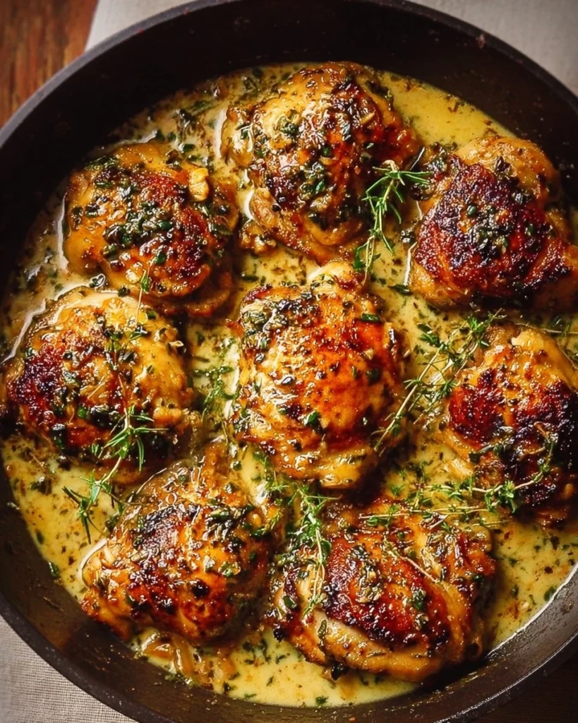 Creamy garlic chicken thighs served in a bowl with herbs and spices