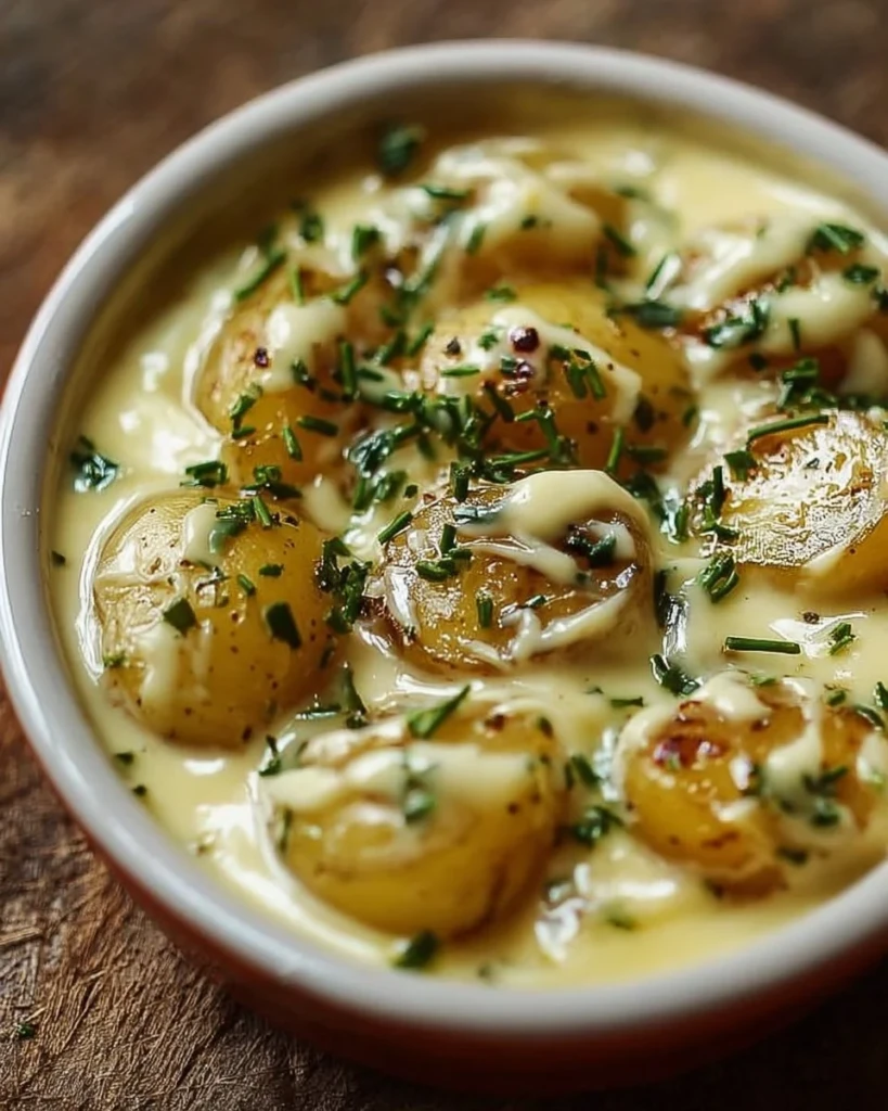 Bowls of baby potatoes topped with creamy garlic sauce