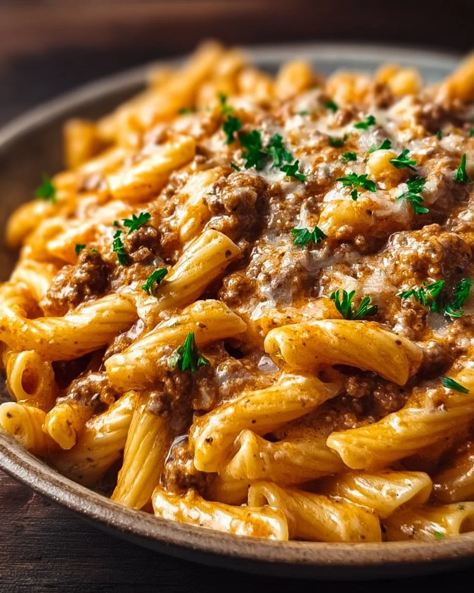 Creamy high-protein beef pasta dish served in a bowl with herbs and cheese