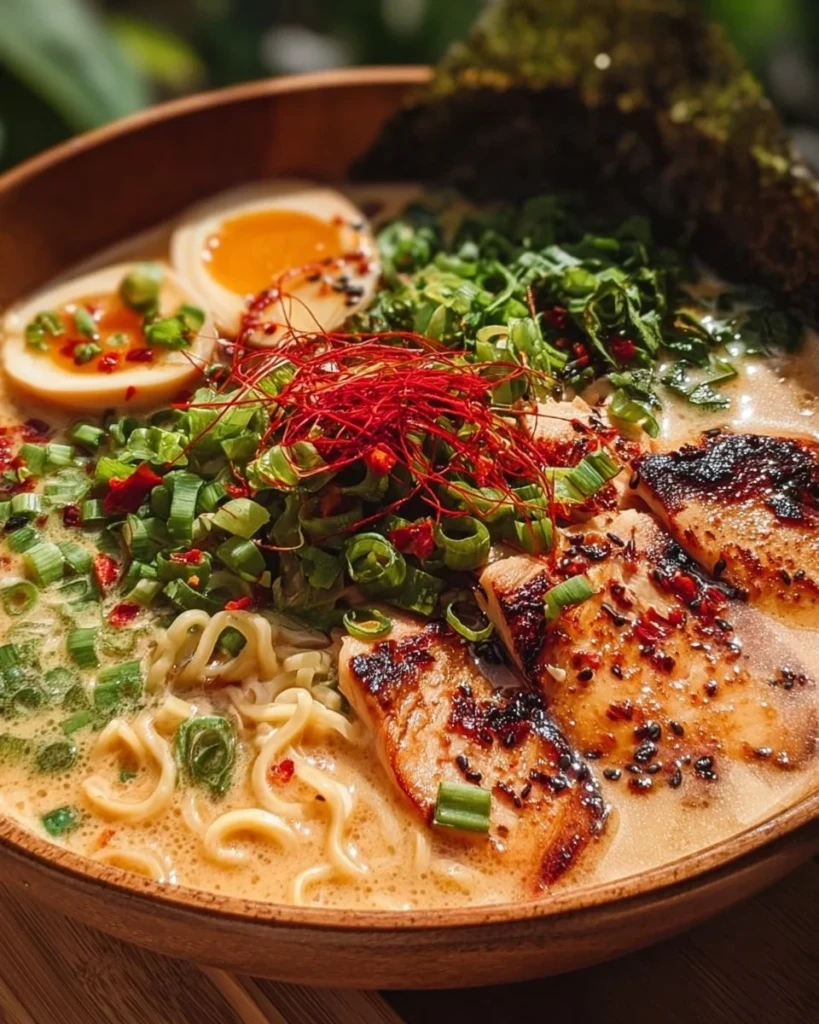 Bowl of creamy Marry Me Chicken ramen topped with green onions and herbs