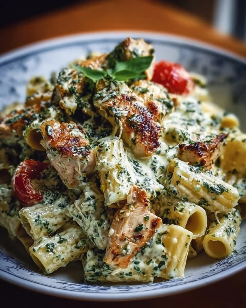 Creamy pesto chicken pasta dish garnished with fresh basil and cheese