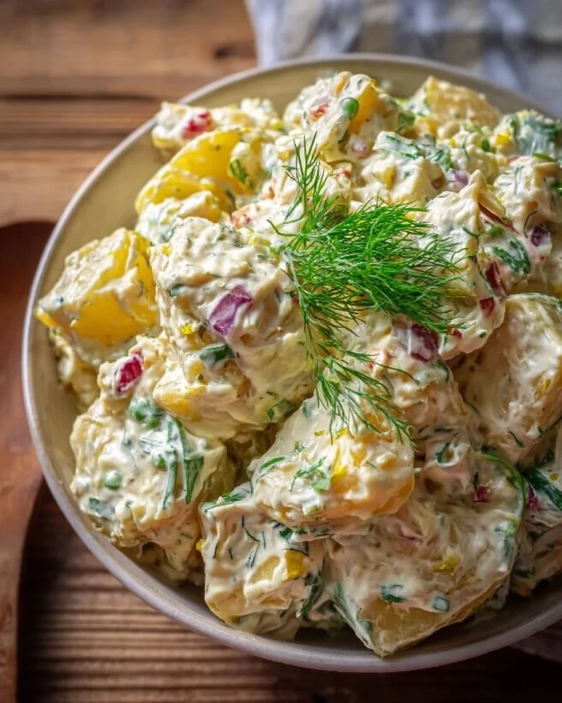 Creamy potato salad served in a bowl with fresh herbs
