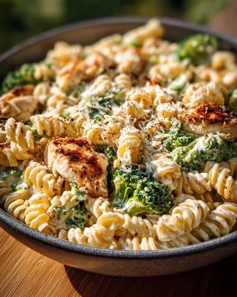 Creamy rotisserie chicken broccoli pasta in a bowl