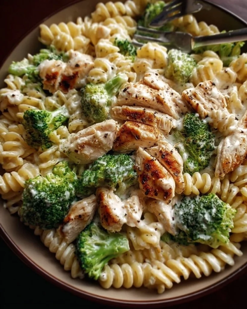 Creamy rotisserie chicken broccoli pasta dish in a bowl