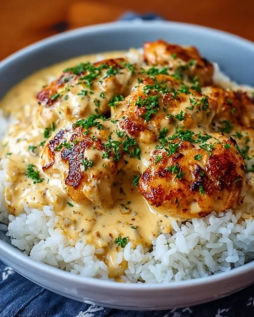Creamy smothered chicken served over rice in a delicious and flavorful dish.