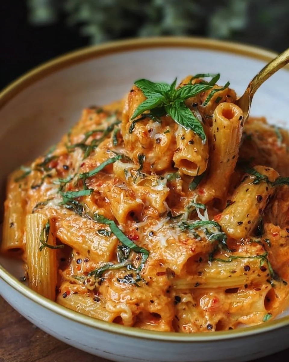 Creamy tomato garlic pasta dish garnished with fresh herbs